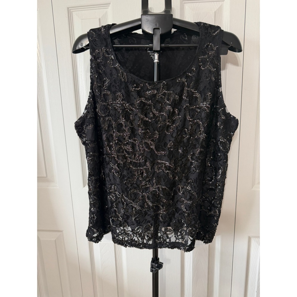 Chicos Black Sequin Floral Lace Sleeveless Top Scoop Neck Size 3 Large XL